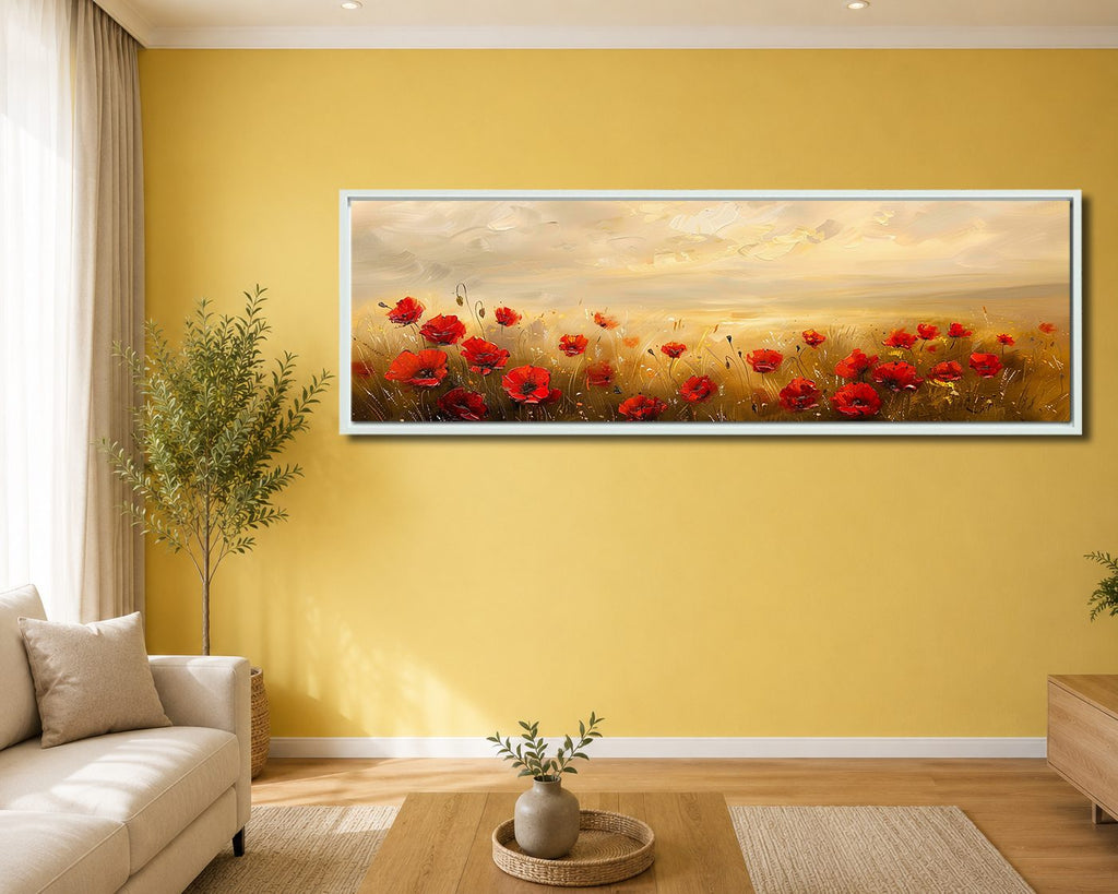 Red Poppy Field at Sunset canvas wall art, white floating frame