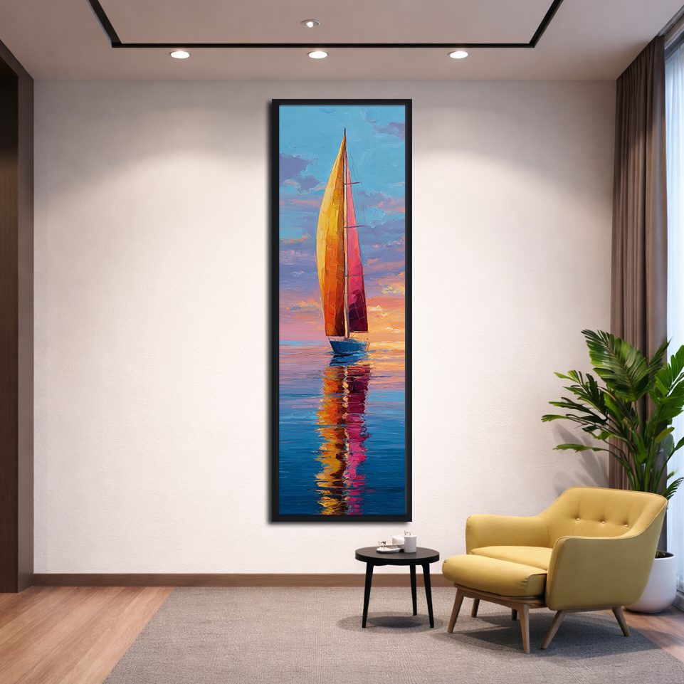Red Sailboat at Sunset canvas wall art, black floating frame
