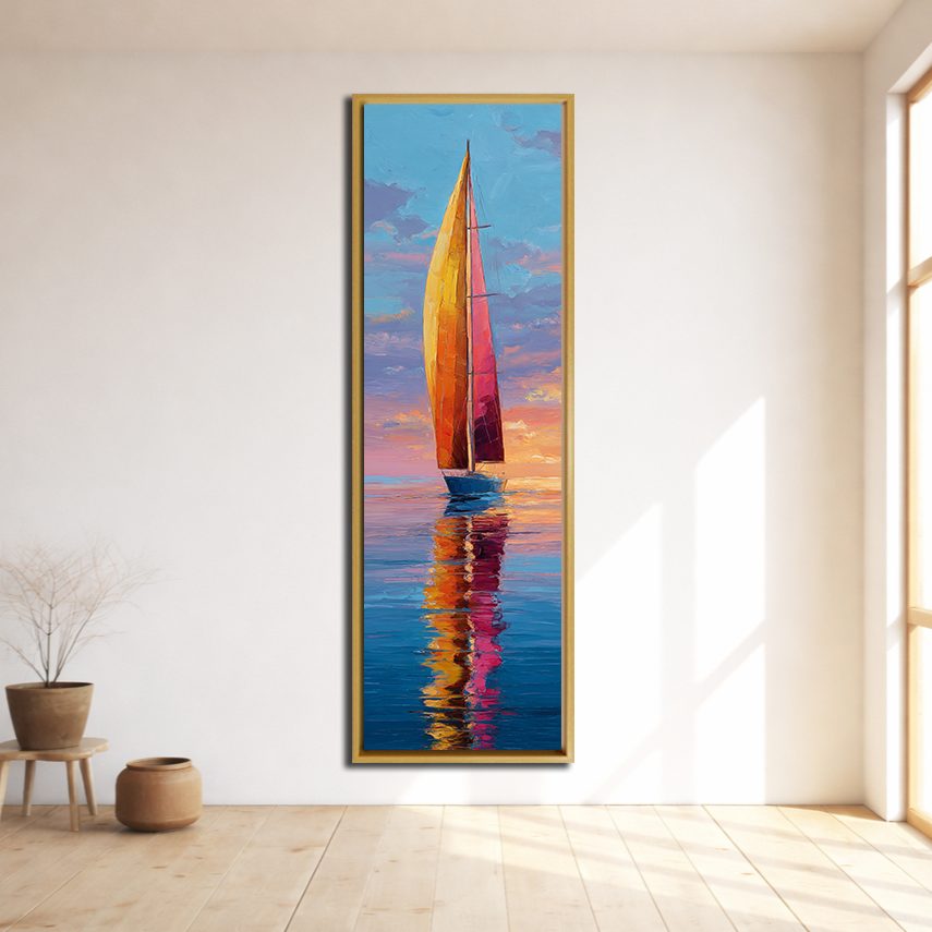 Red Sailboat at Sunset canvas wall art, natural wood floating frame