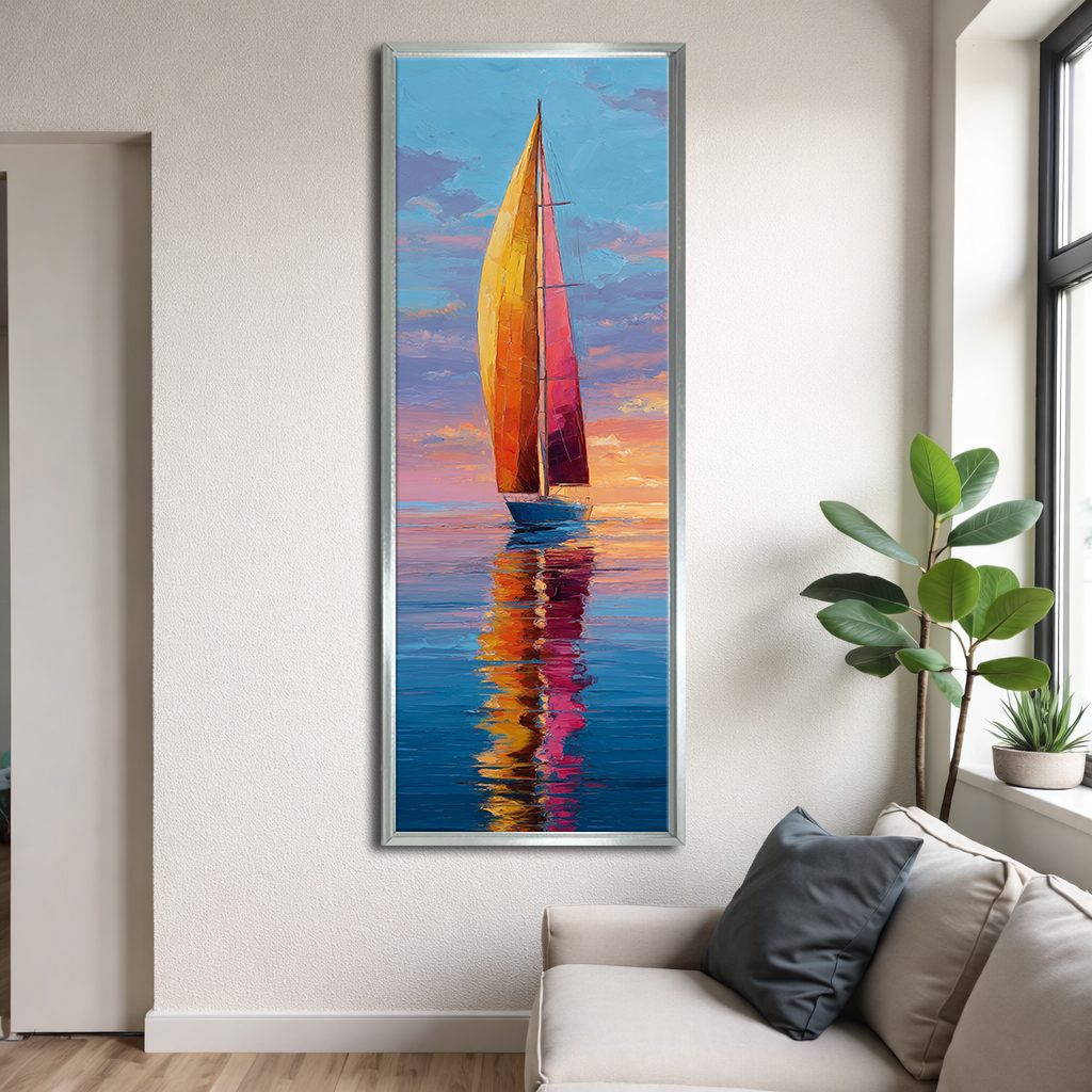Red Sailboat at Sunset canvas wall art, silver floating frame