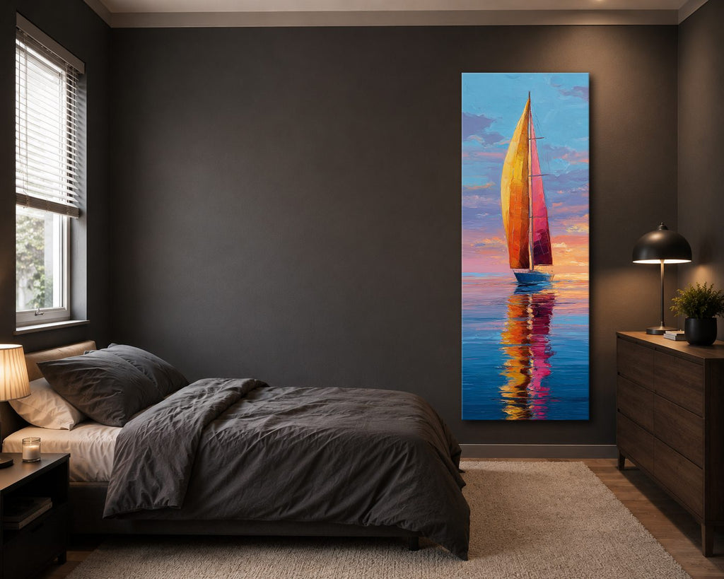 Red Sailboat at Sunset canvas wall art, unframed canvas