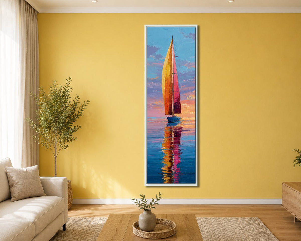 Red Sailboat at Sunset canvas wall art, white floating frame