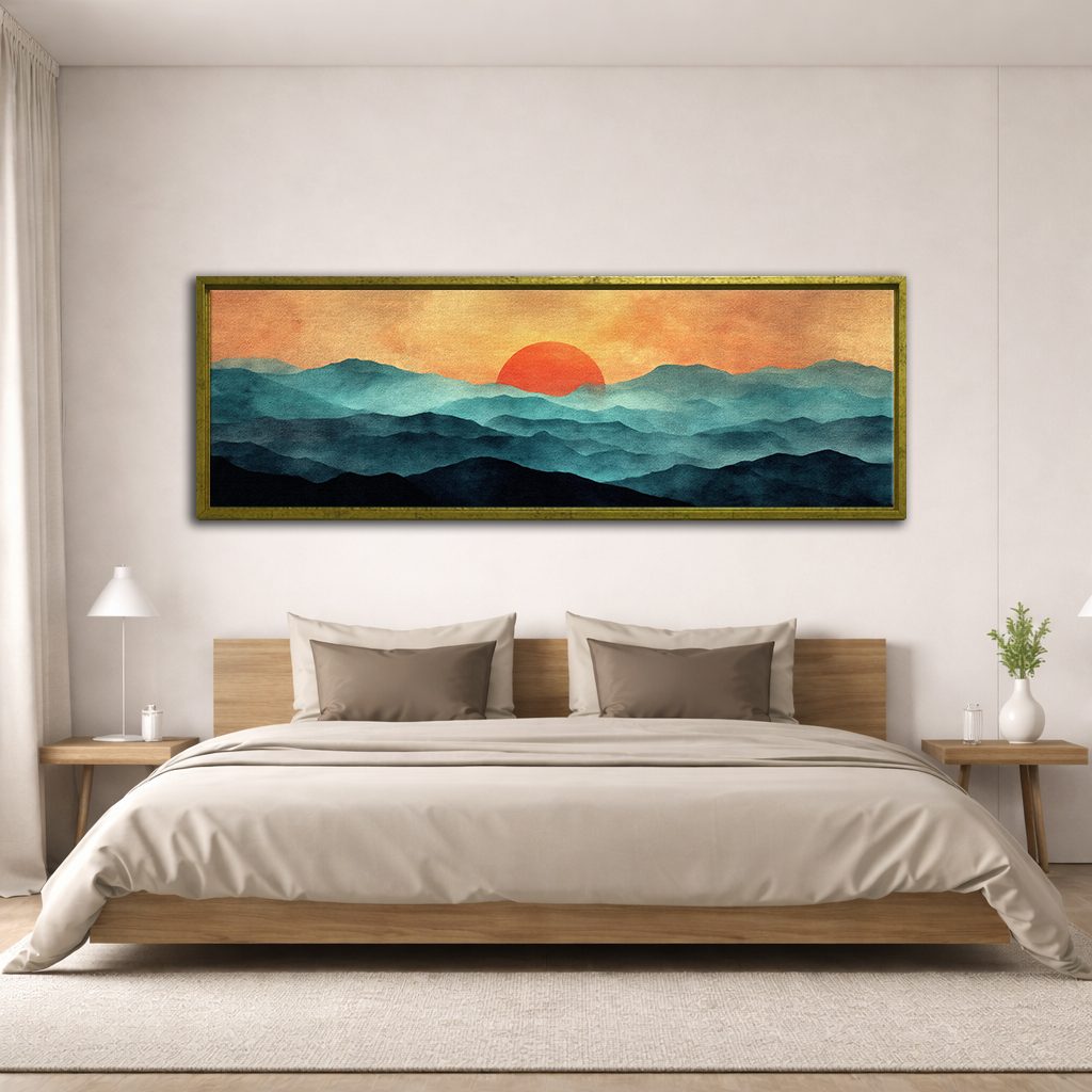 Red Sun over Teal Mountains canvas wall art, antique gold floating frame