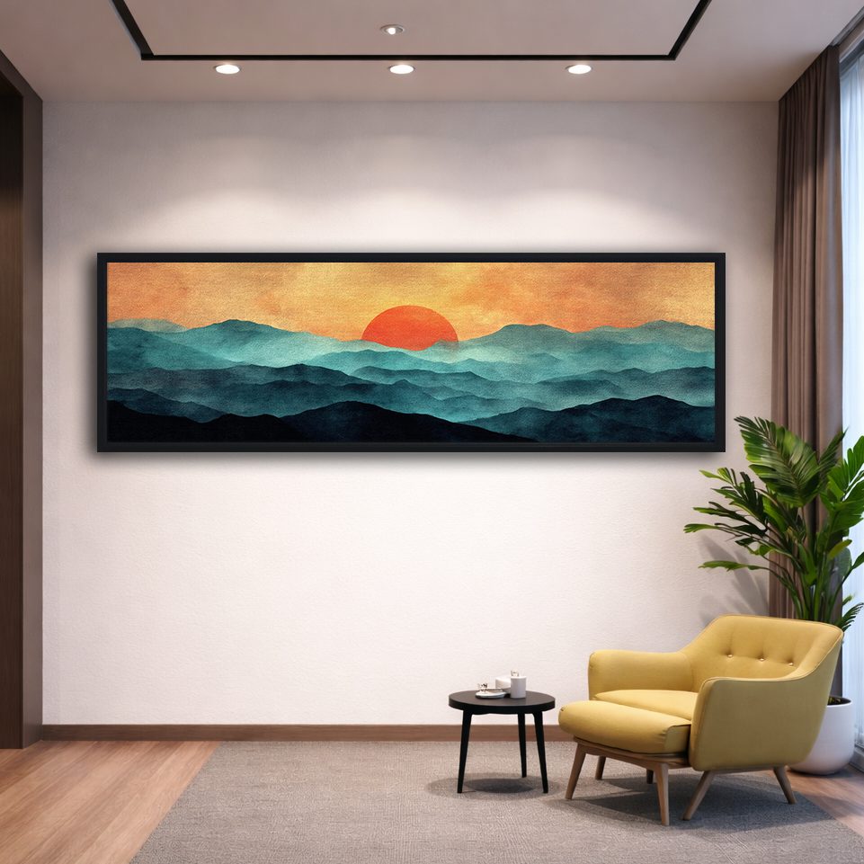 Red Sun over Teal Mountains canvas wall art, black floating frame