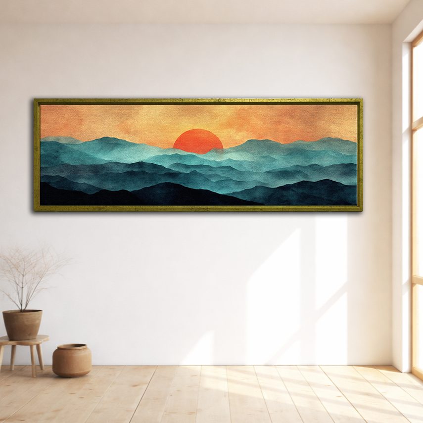 Red Sun over Teal Mountains canvas wall art, gold floating frame