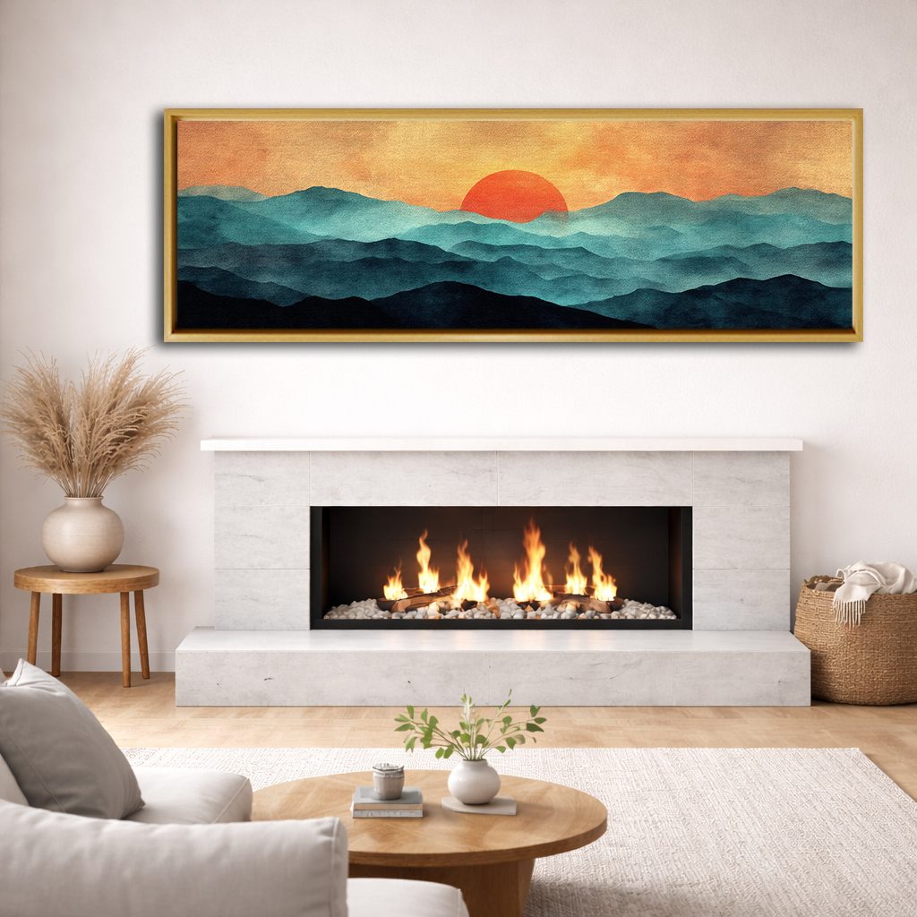 Red Sun over Teal Mountains canvas wall art, natural wood floating frame