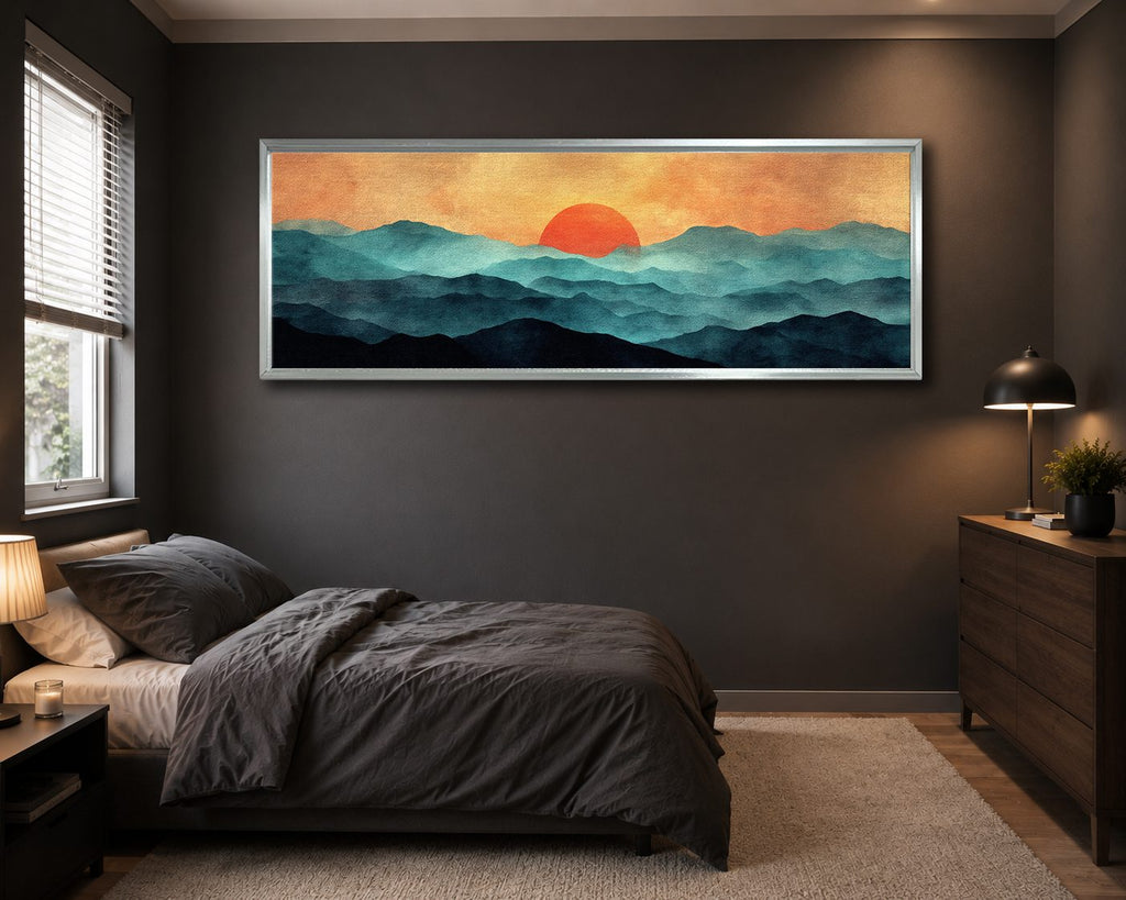 Red Sun over Teal Mountains canvas wall art, silver floating frame