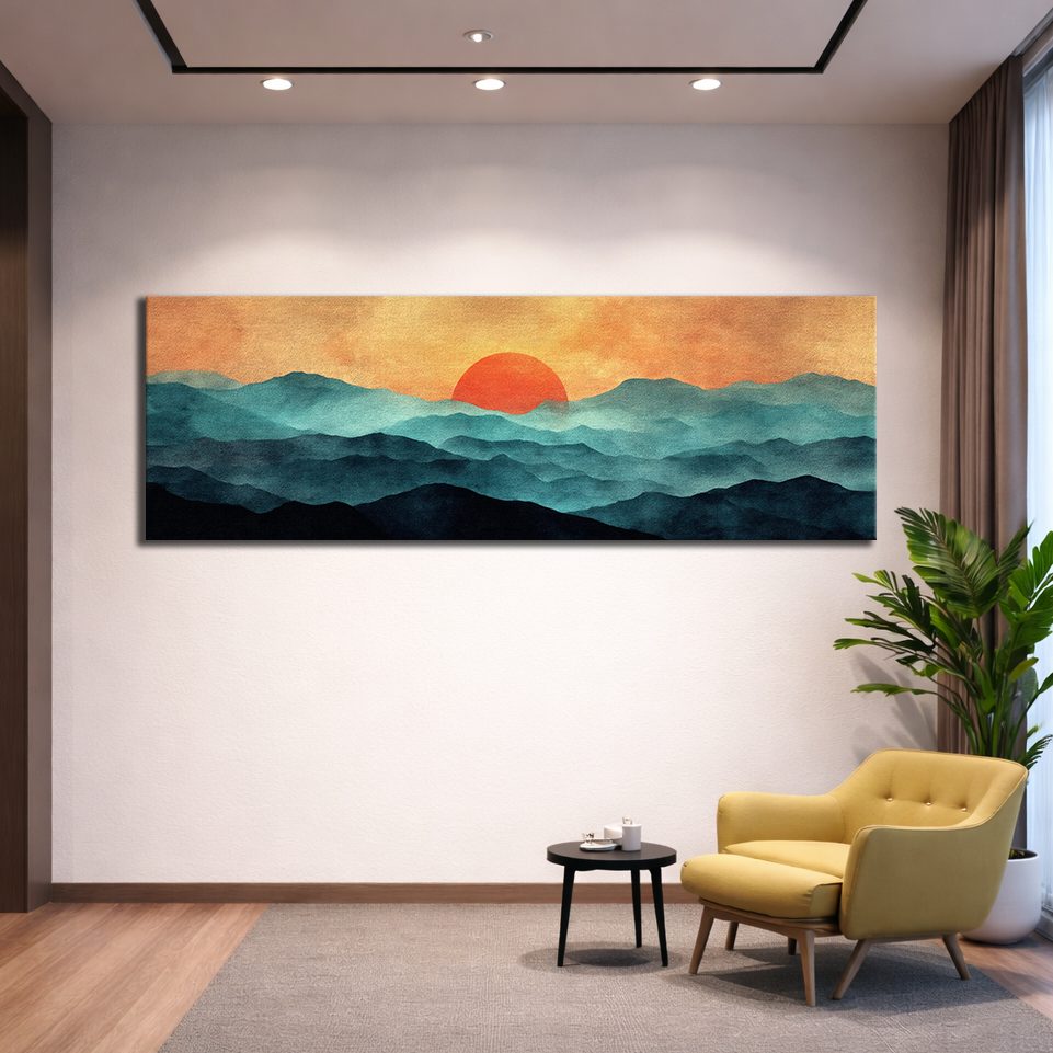Red Sun over Teal Mountains canvas wall art, unframed canvas
