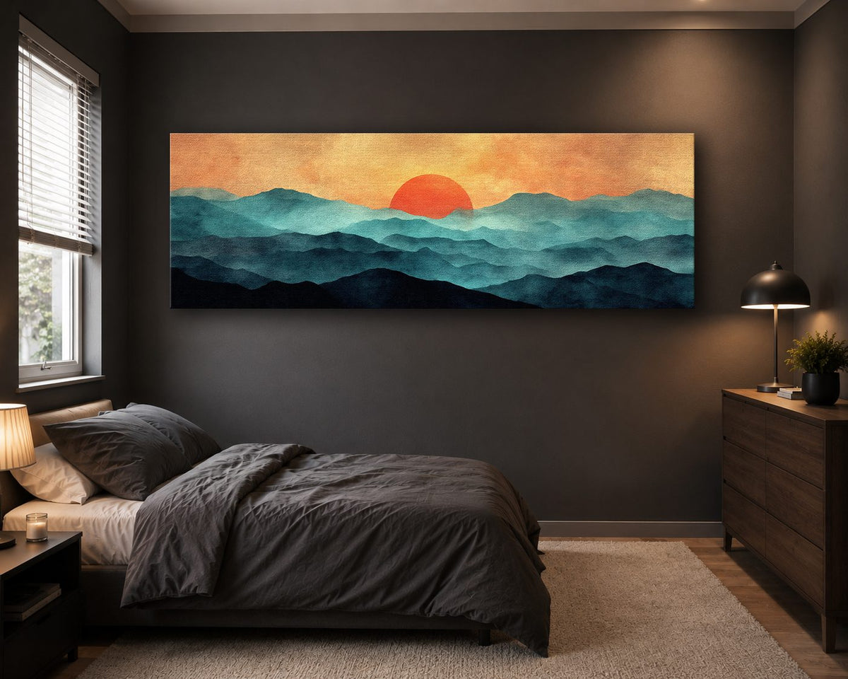 Red Sun over Teal Mountains canvas wall art, unframed canvas