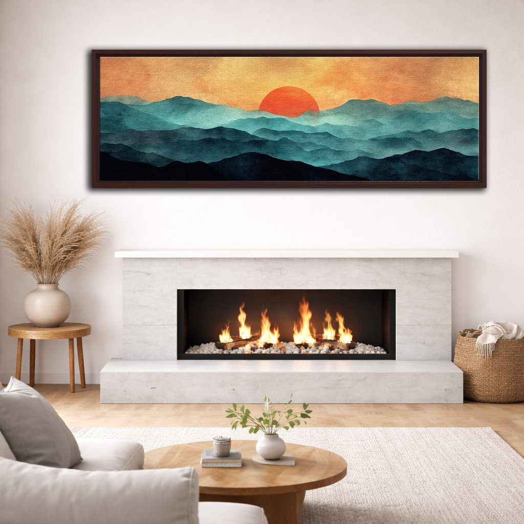 Red Sun over Teal Mountains canvas wall art, walnut floating frame