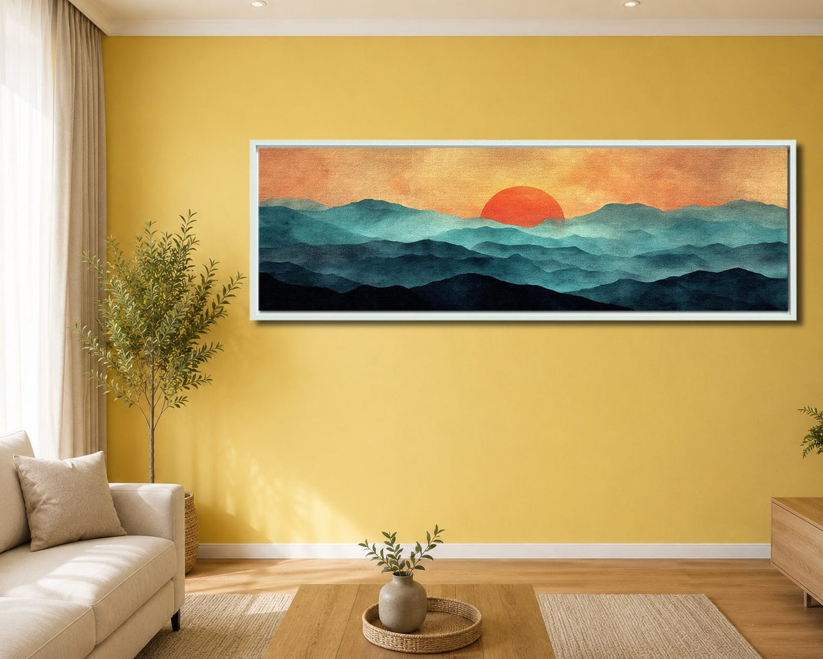 Red Sun over Teal Mountains canvas wall art, white floating frame