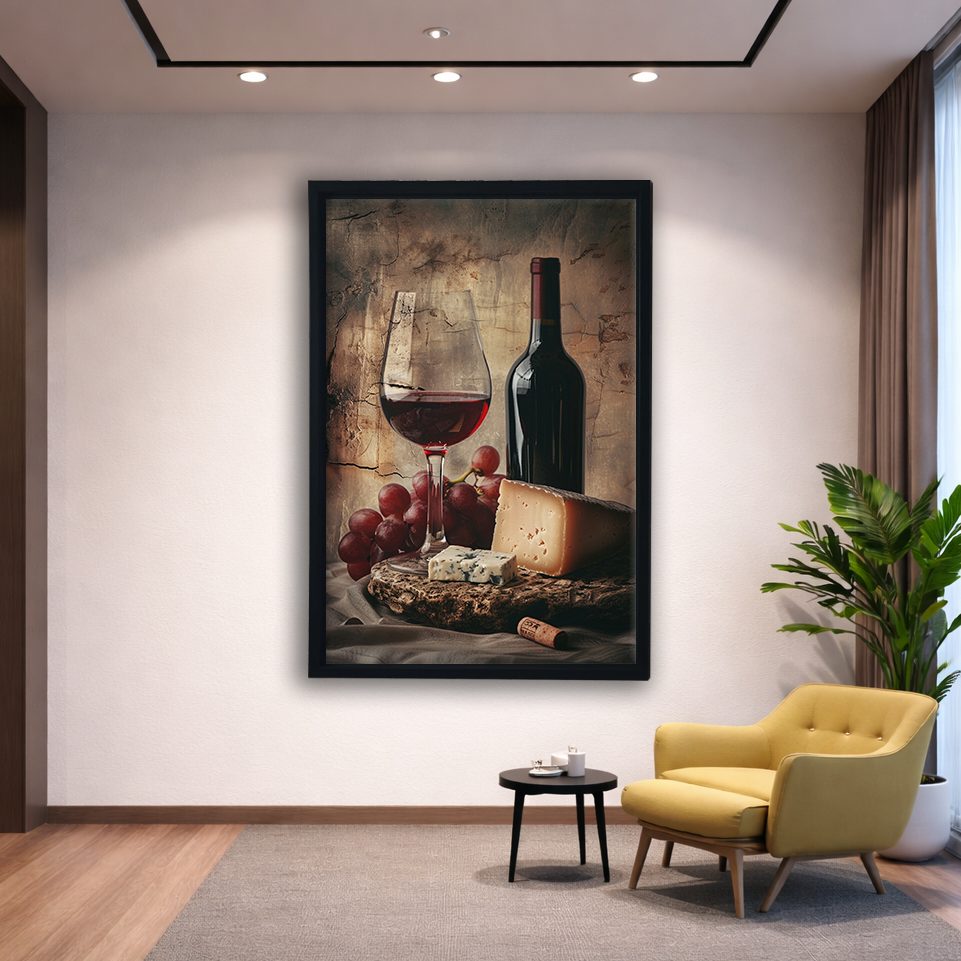 Red Wine Grapes and Cheese Still Life canvas wall art, black floating frame