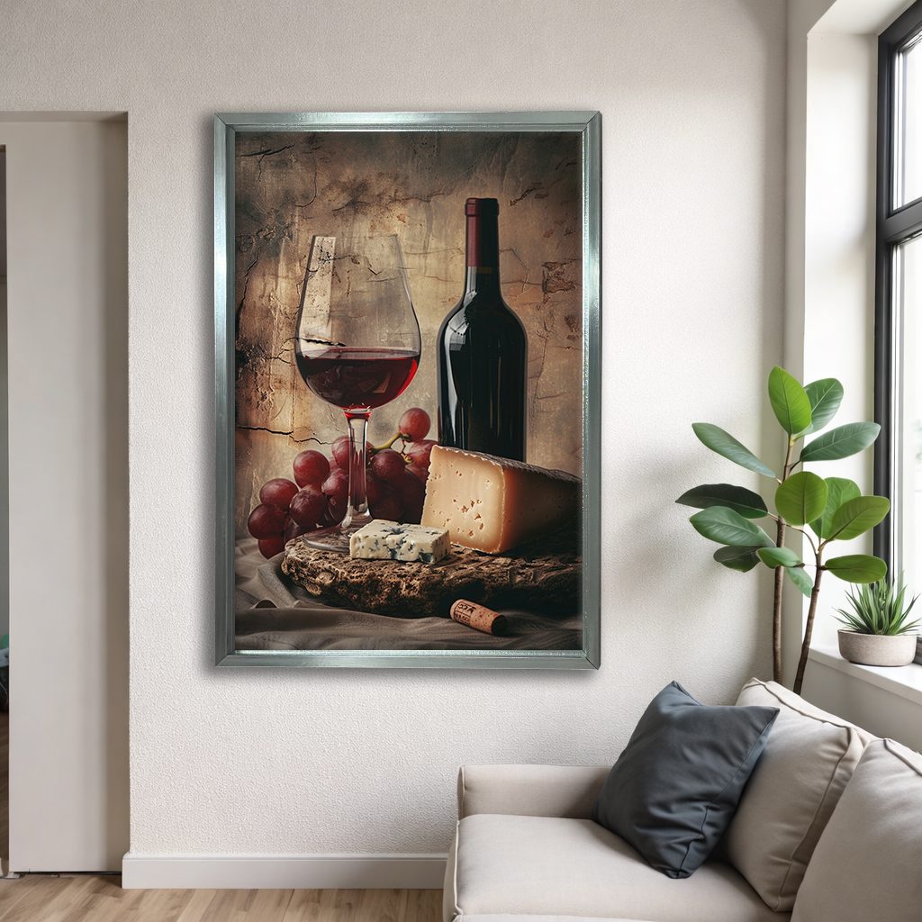 Red Wine Grapes and Cheese Still Life canvas wall art, silver floating frame