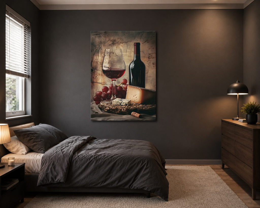 Red Wine Grapes and Cheese Still Life canvas wall art, unframed canvas