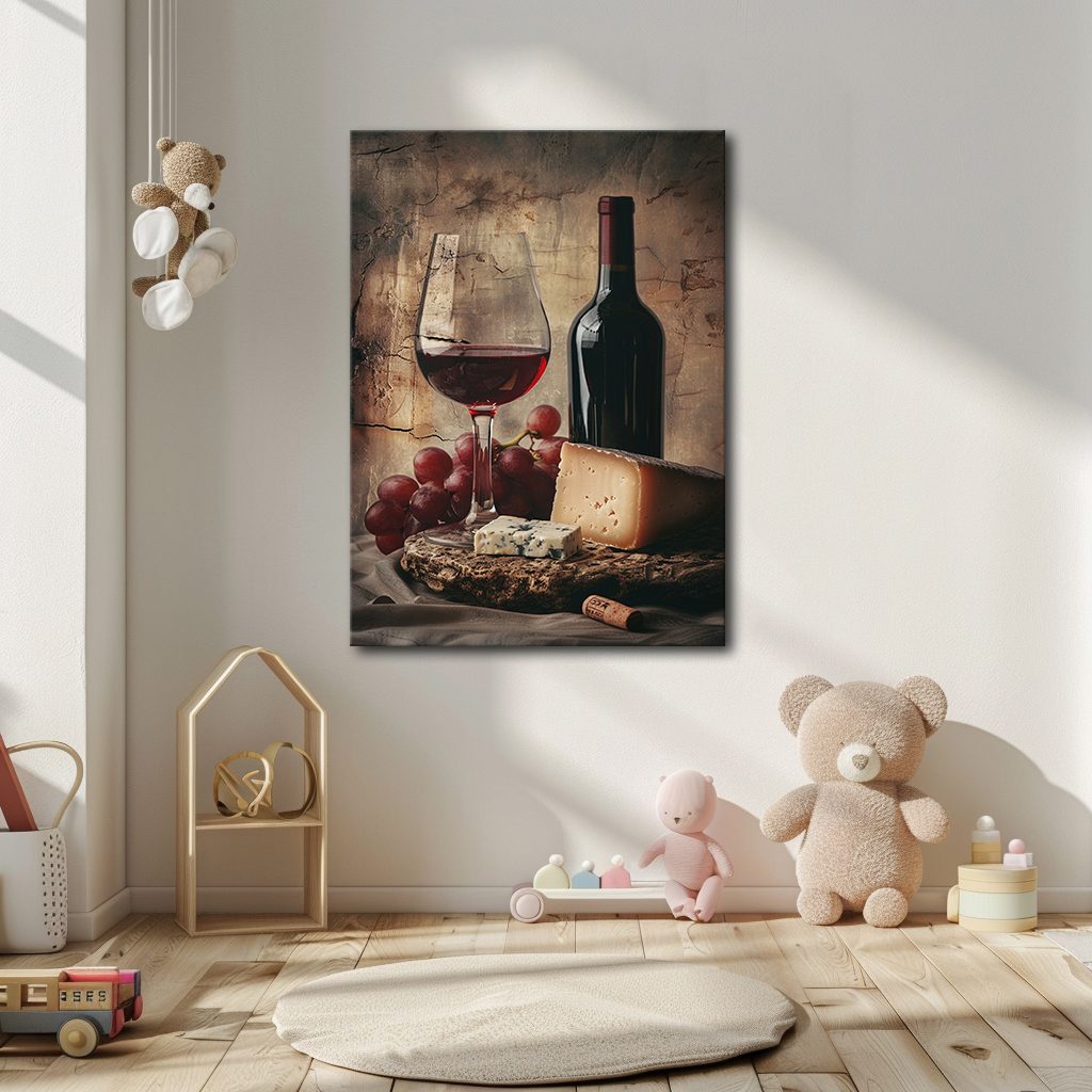 Red Wine Grapes and Cheese Still Life canvas wall art, unframed canvas