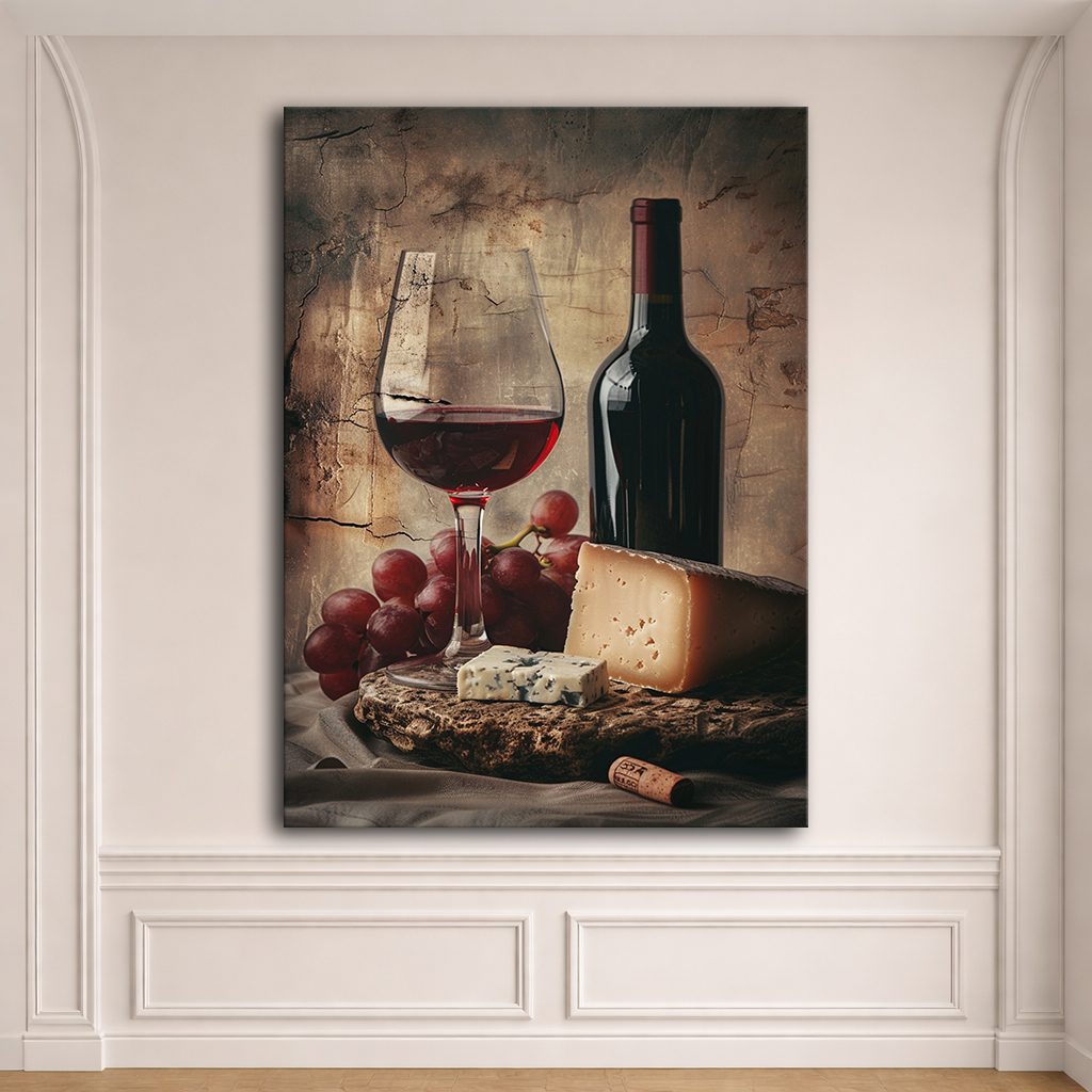 Red Wine Grapes and Cheese Still Life canvas wall art, unframed canvas