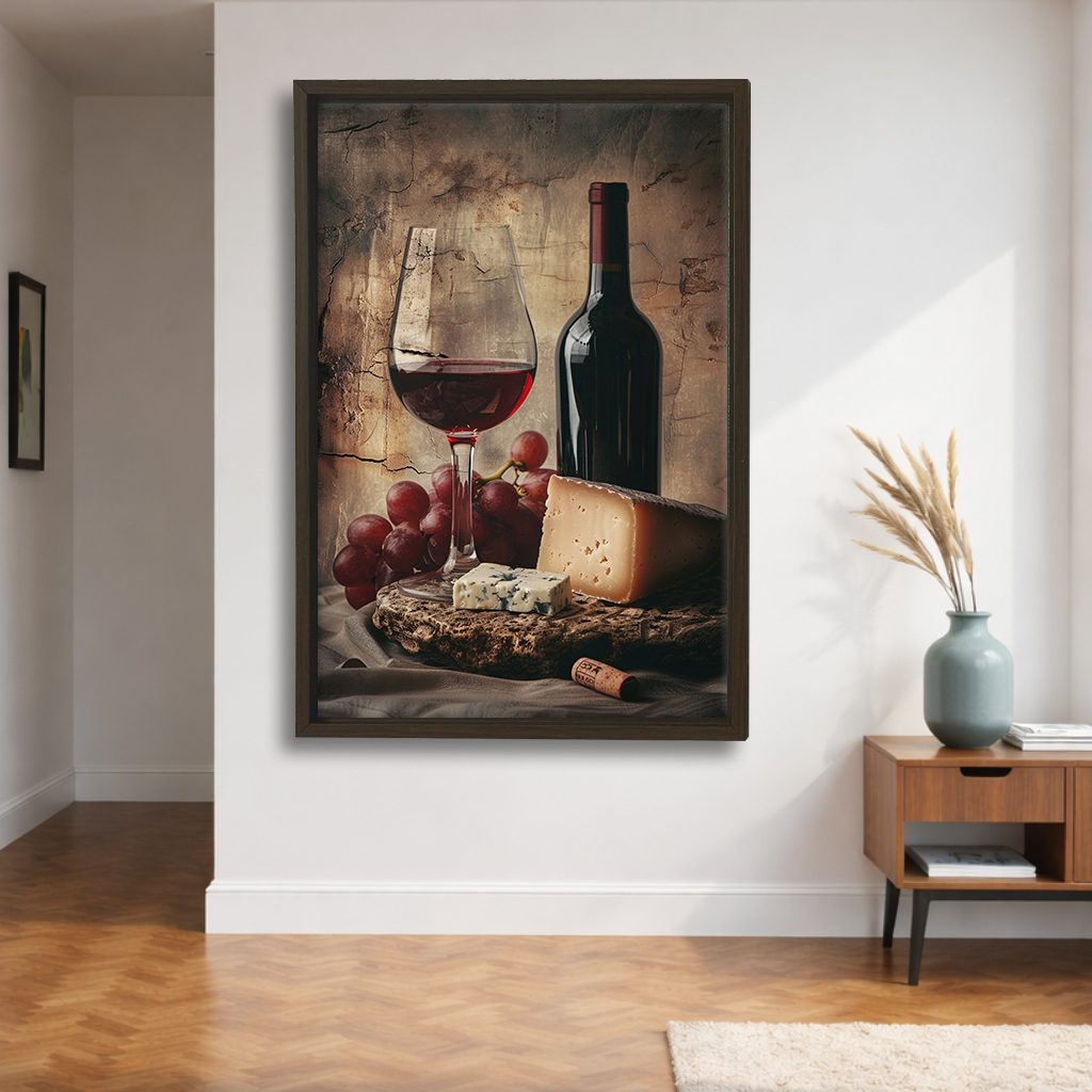 Red Wine Grapes and Cheese Still Life canvas wall art, walnut floating frame