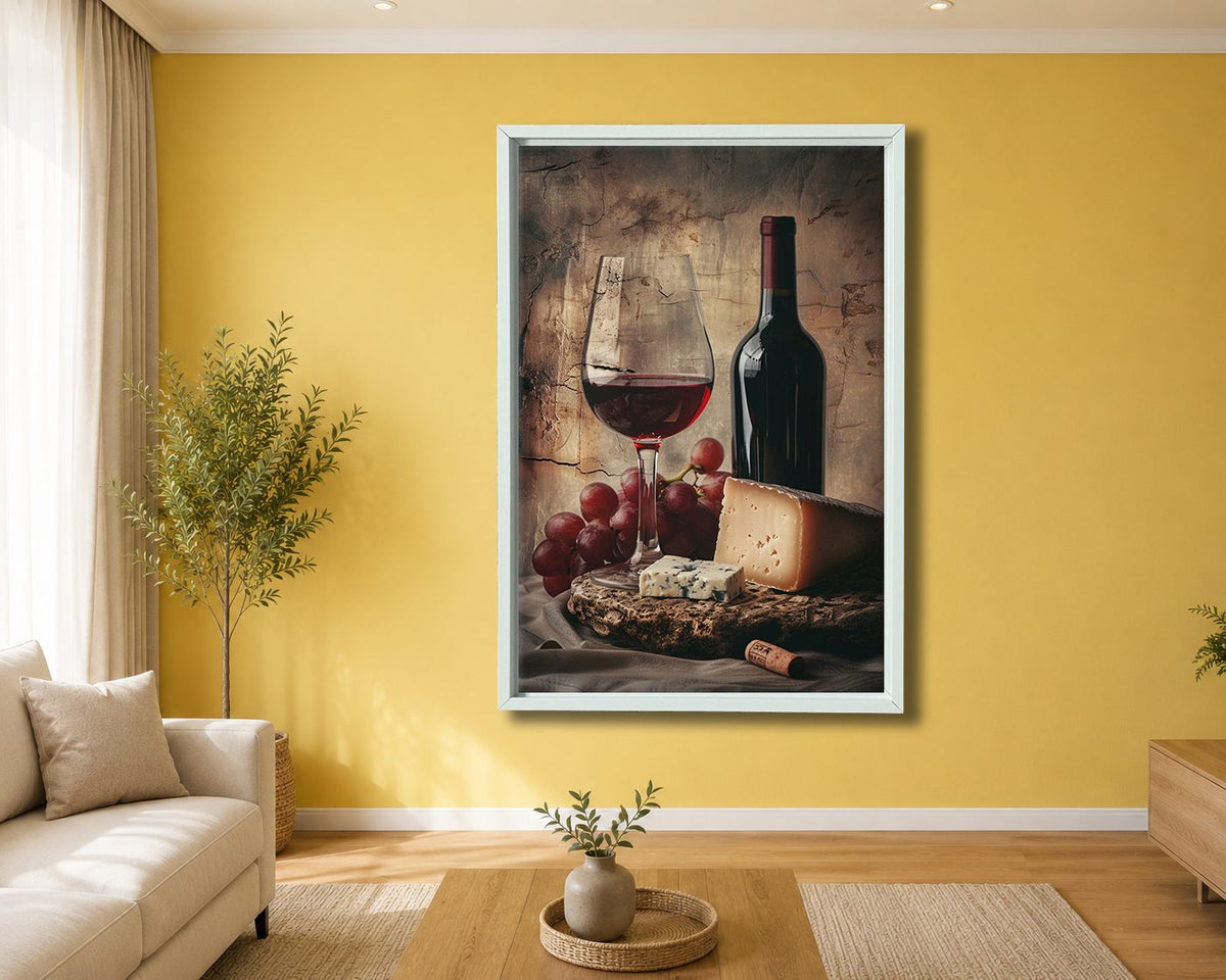 Red Wine Grapes and Cheese Still Life canvas wall art, white floating frame