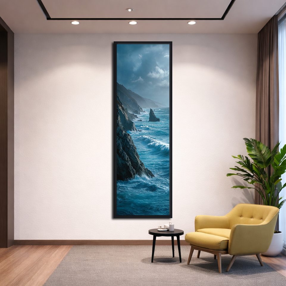 Rocky Coast Ocean Waves canvas wall art, black floating frame