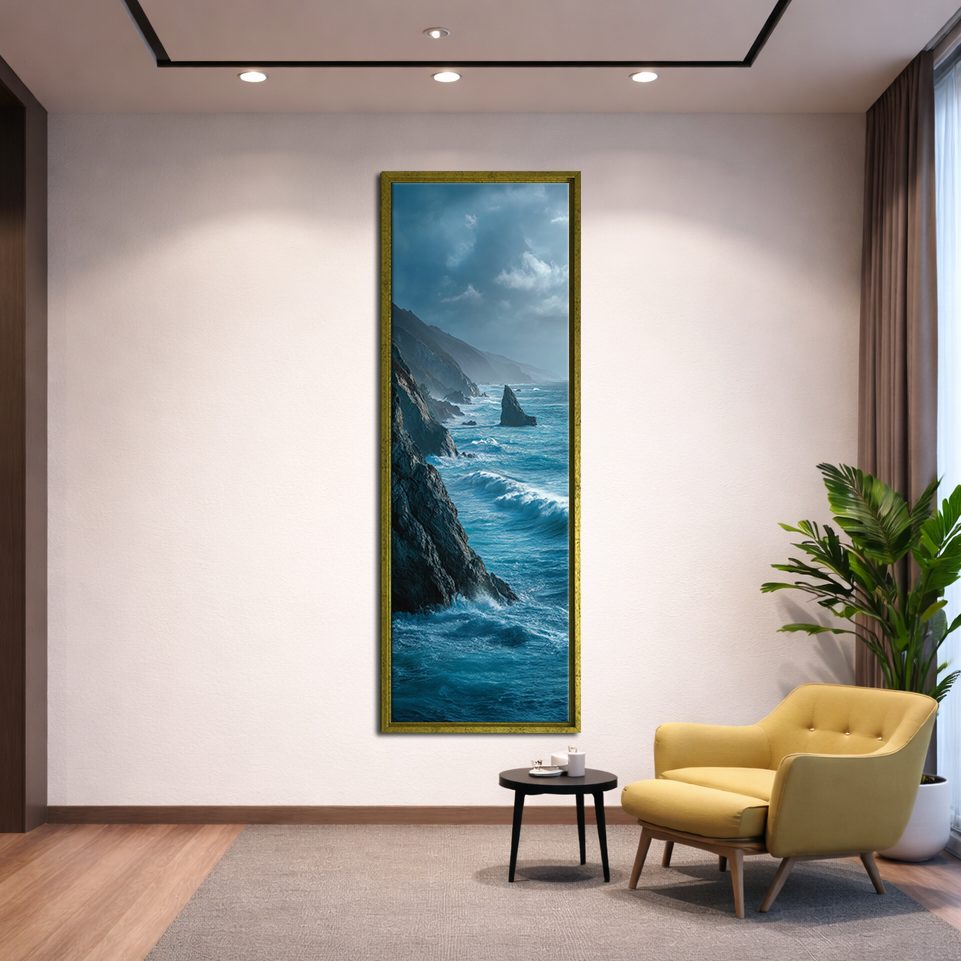 Rocky Coast Ocean Waves canvas wall art, gold floating frame