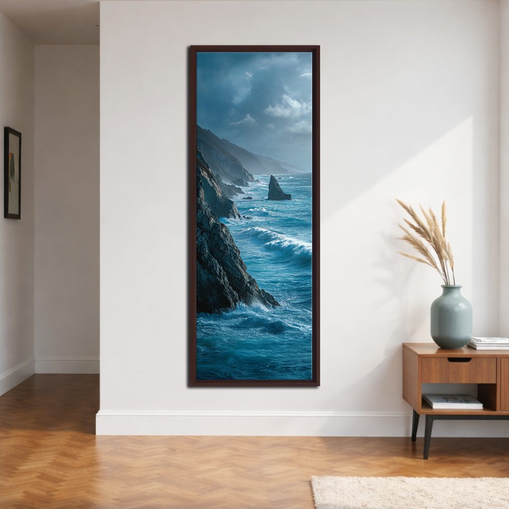 Rocky Coast Ocean Waves canvas wall art, walnut floating frame