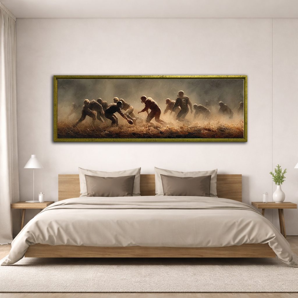 Rugby Players in the Dust canvas wall art, antique gold floating frame