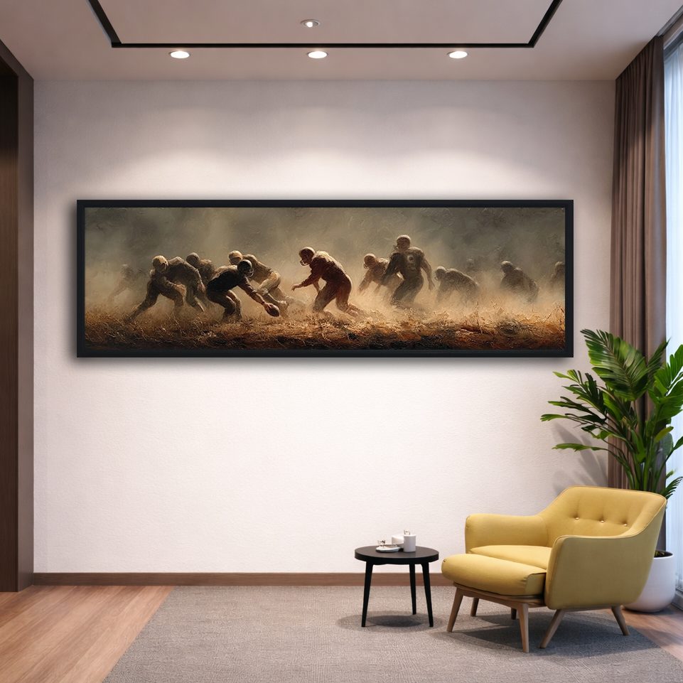 Rugby Players in the Dust canvas wall art, black floating frame