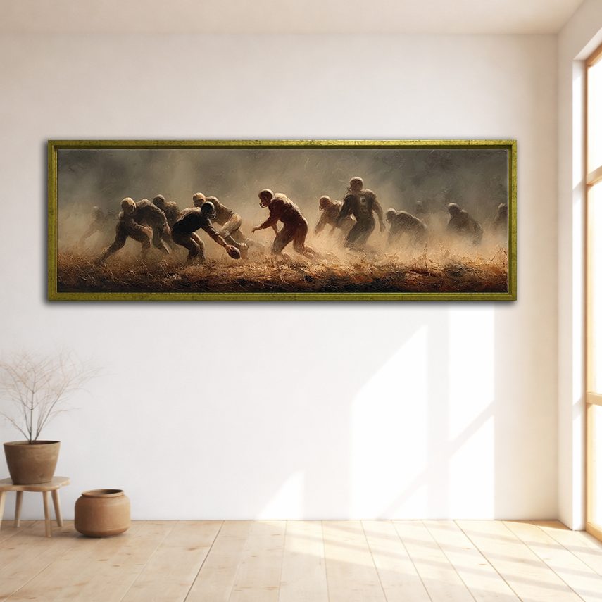 Rugby Players in the Dust canvas wall art, gold floating frame