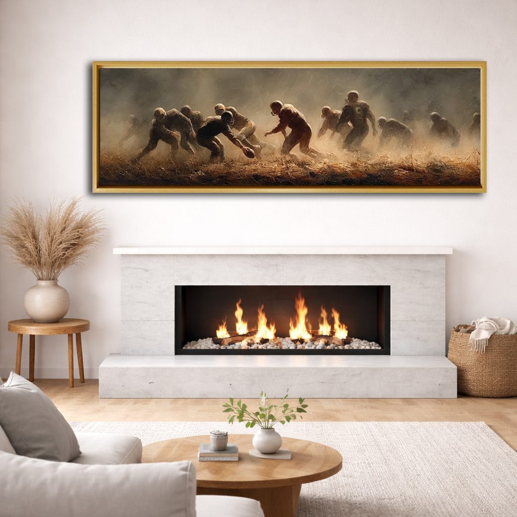 Rugby Players in the Dust canvas wall art, natural wood floating frame
