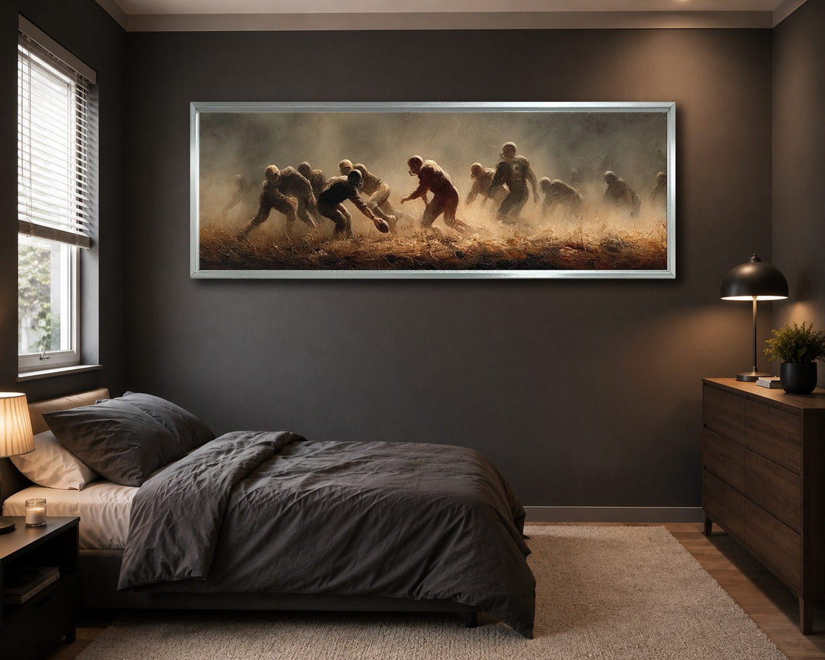 Rugby Players in the Dust canvas wall art, silver floating frame