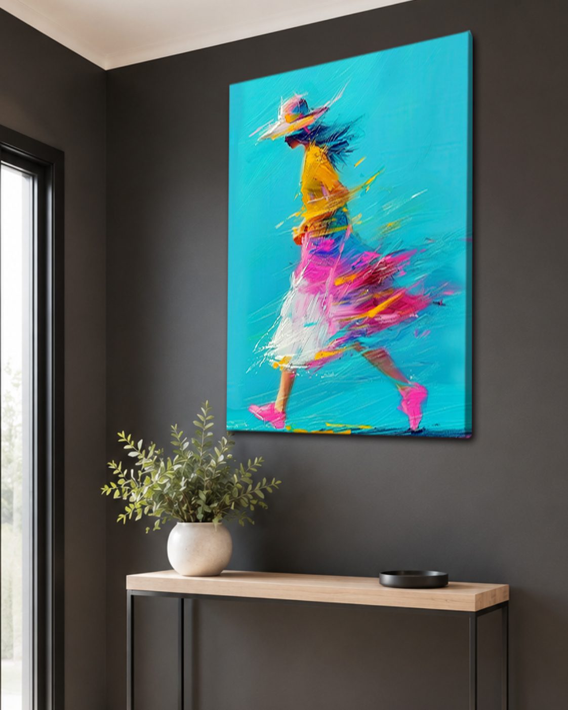 Running Girl in Colorful Dress canvas wall art, unframed canvas