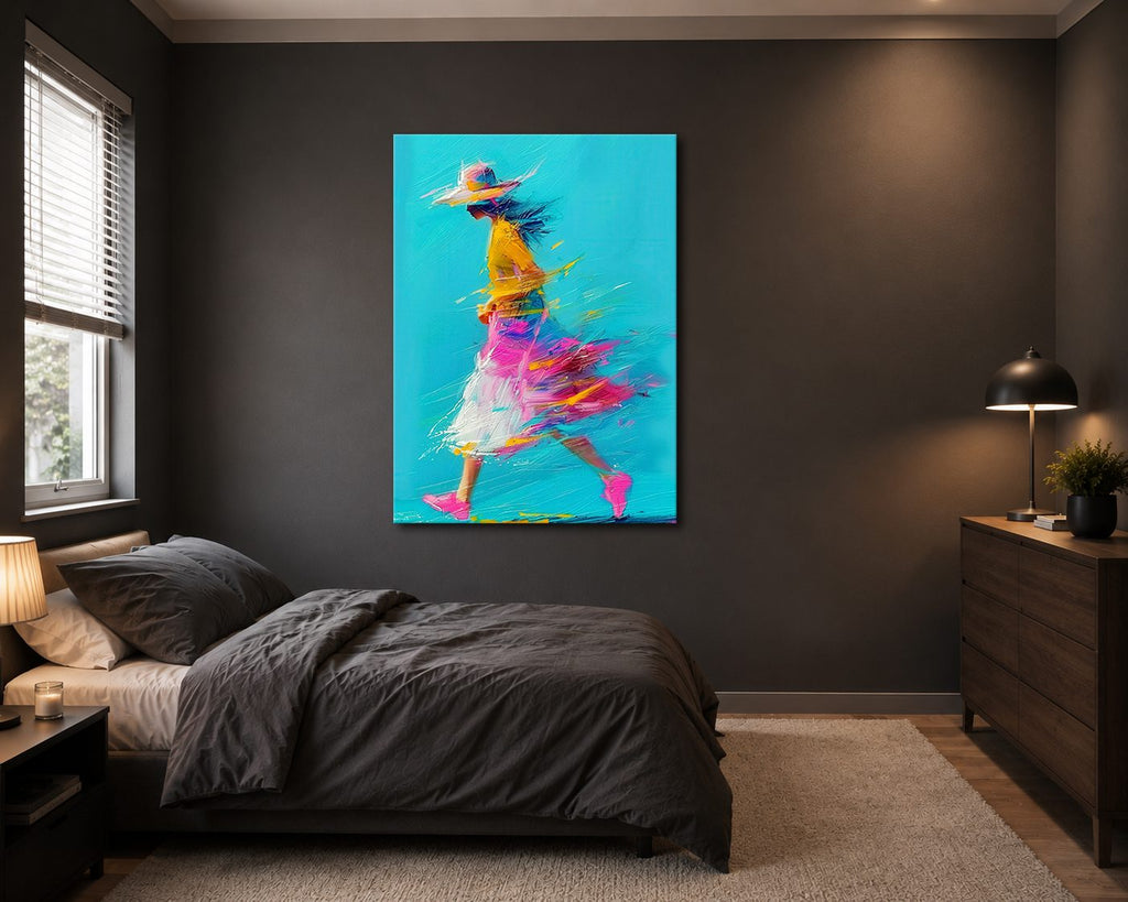 Running Girl in Colorful Dress canvas wall art, unframed canvas