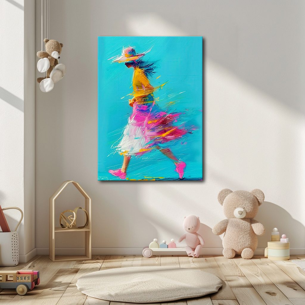 Running Girl in Colorful Dress canvas wall art, unframed canvas