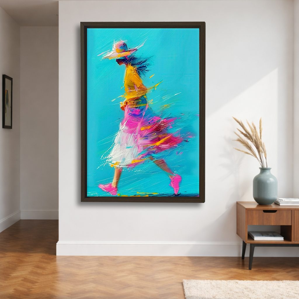 Running Girl in Colorful Dress canvas wall art, walnut floating frame