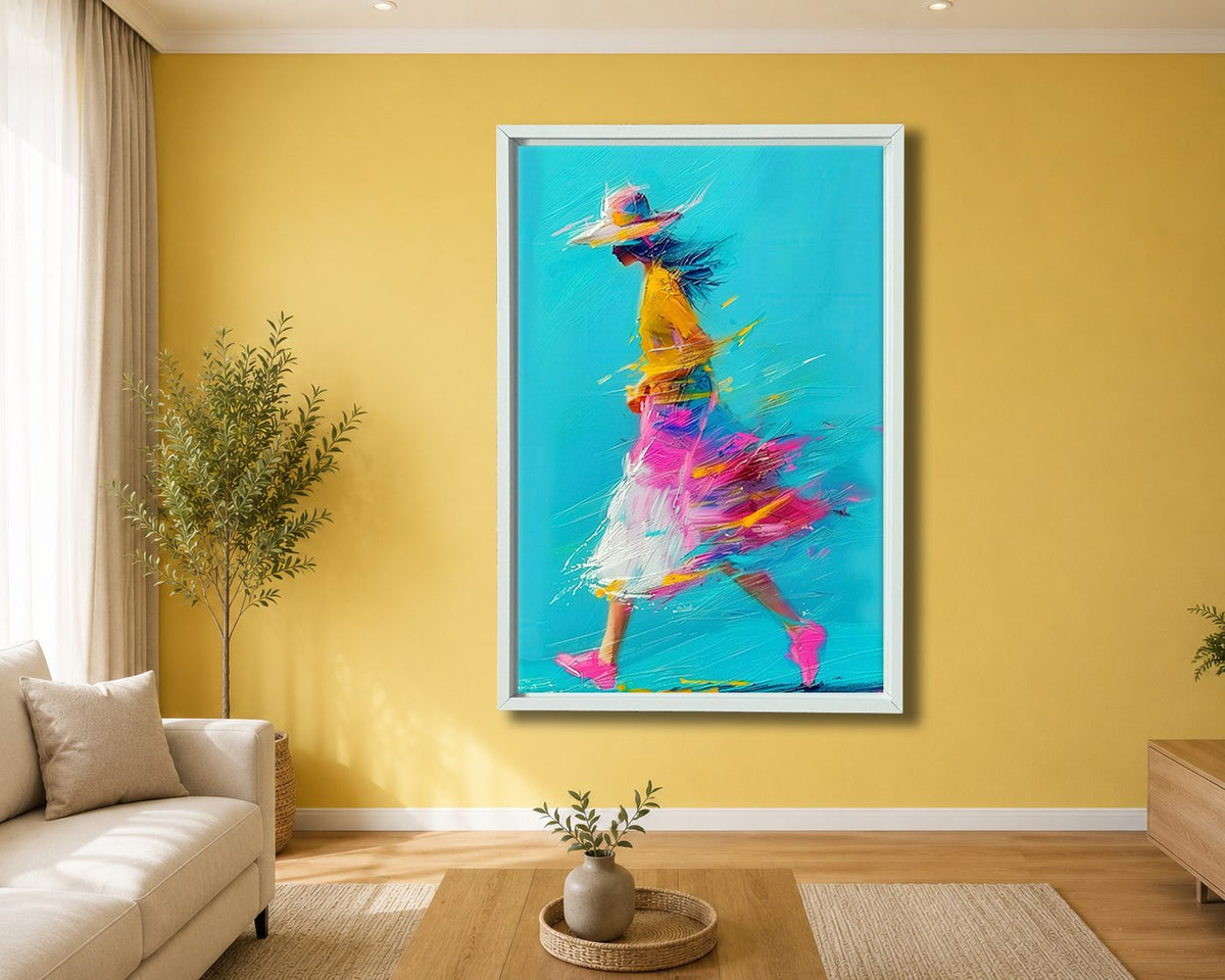 Running Girl in Colorful Dress canvas wall art, white floating frame