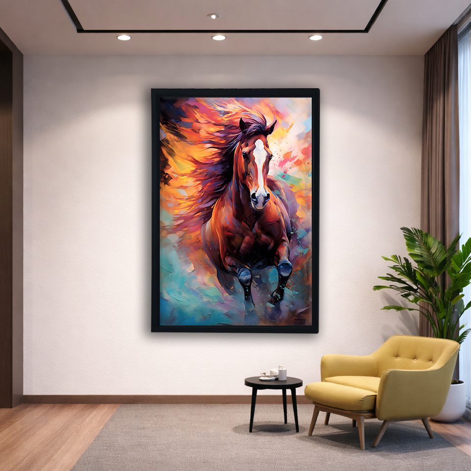 Running Horse in Vibrant Colors canvas wall art, black floating frame