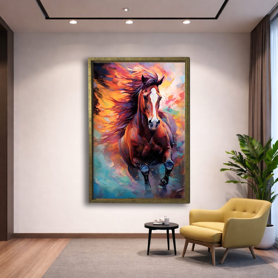 Running Horse in Vibrant Colors canvas wall art, gold floating frame