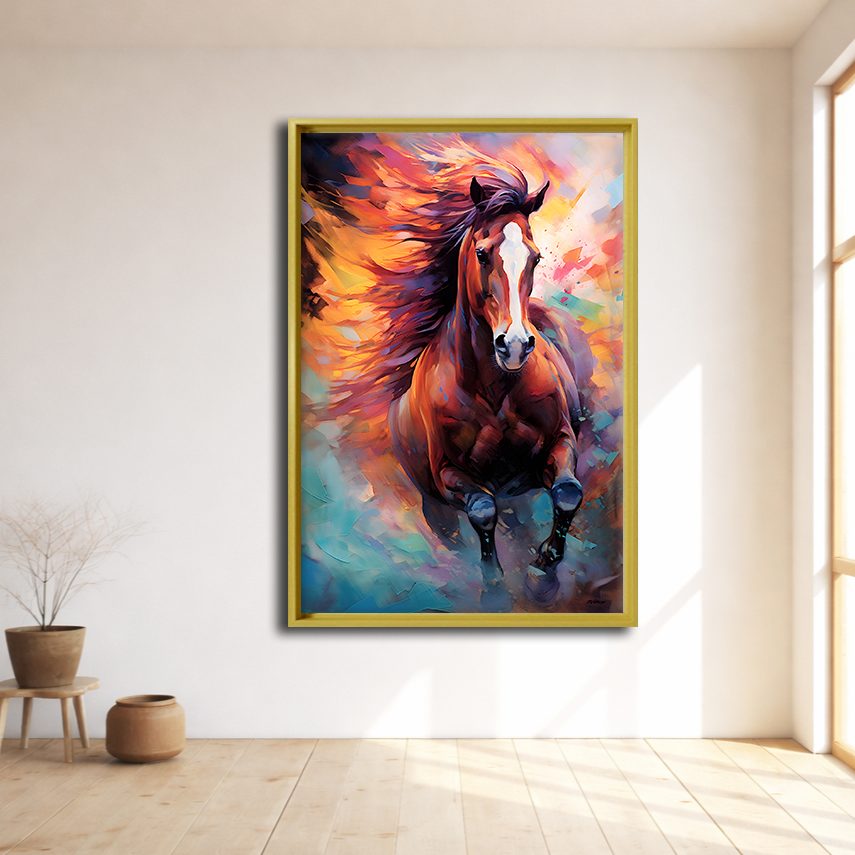 Running Horse in Vibrant Colors canvas wall art, natural wood floating frame