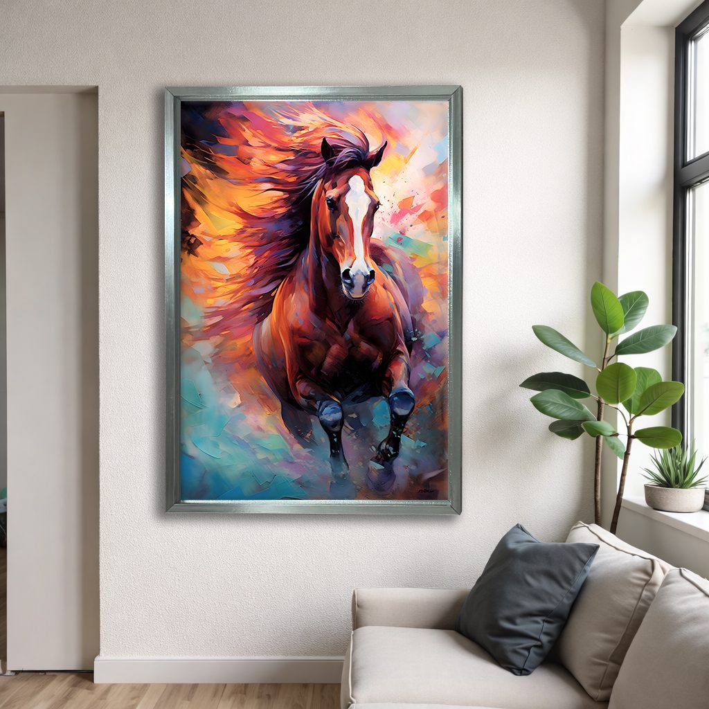 Running Horse in Vibrant Colors canvas wall art, silver floating frame