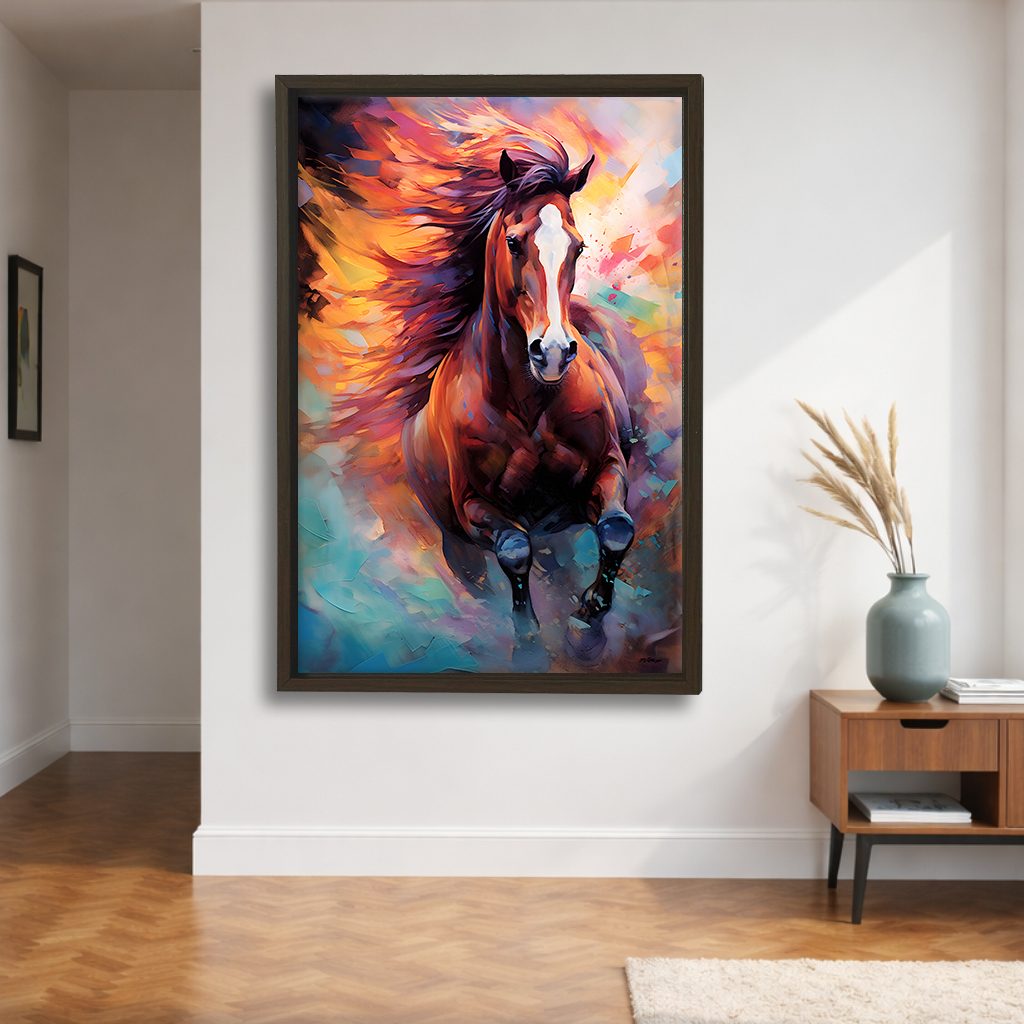 Running Horse in Vibrant Colors canvas wall art, walnut floating frame