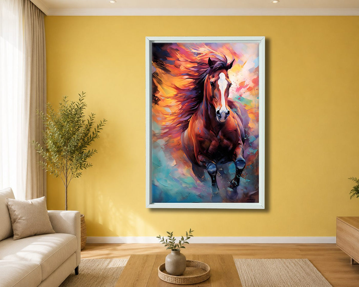 Running Horse in Vibrant Colors canvas wall art, white floating frame