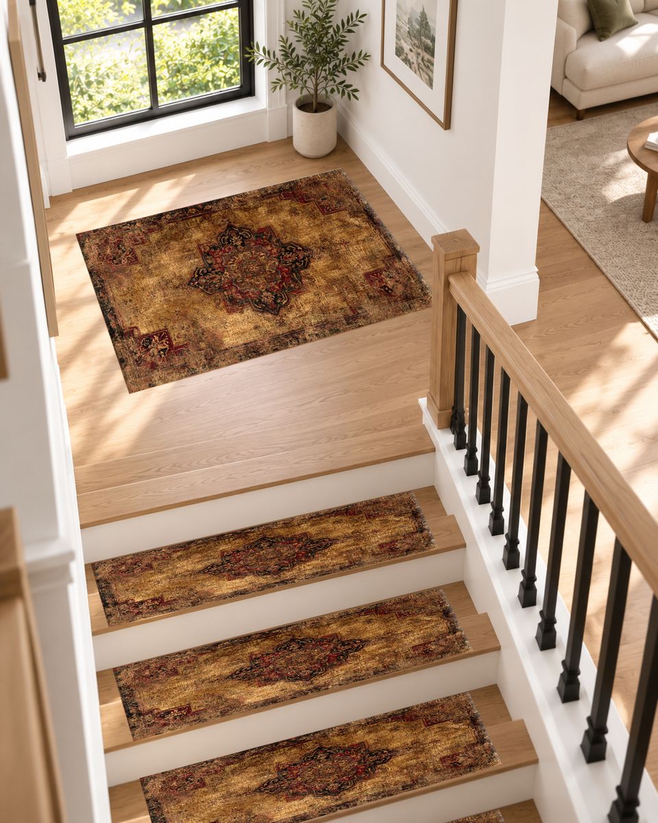 Distressed Brown Vintage Persian Medallion non-slip stair mat