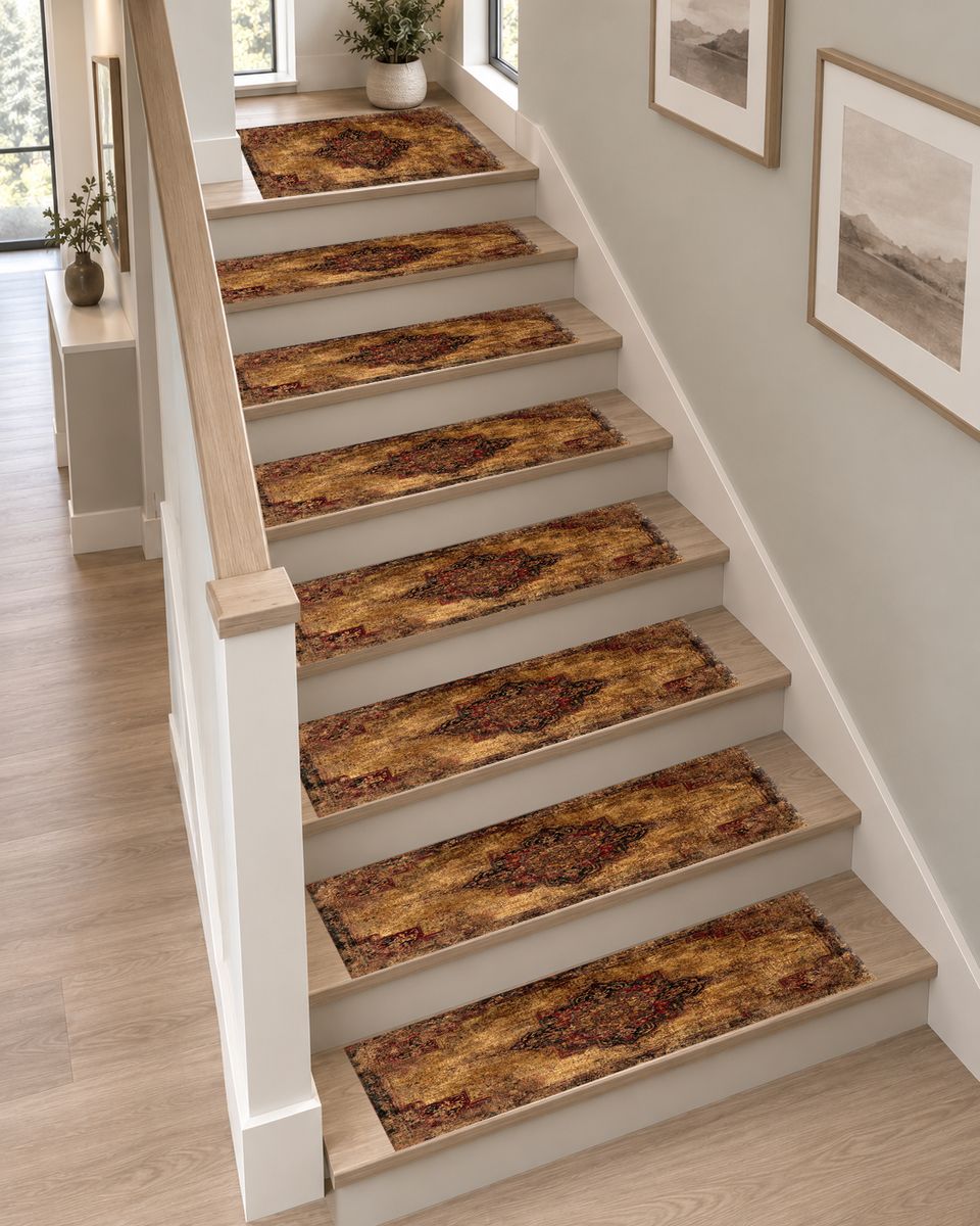 Distressed Brown Vintage Persian Medallion non-slip stair mat