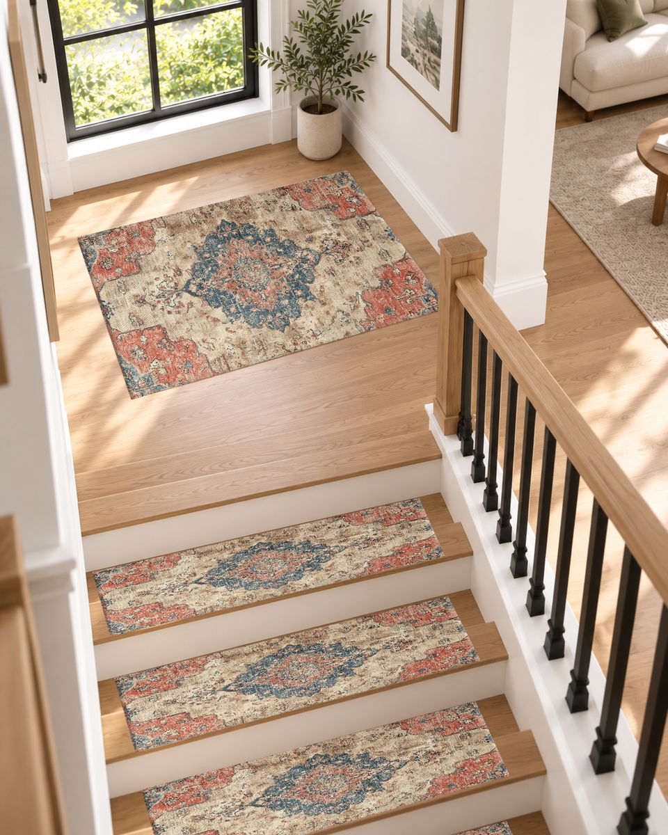 Faded Pink and Blue Vintage Oushak non-slip stair mat
