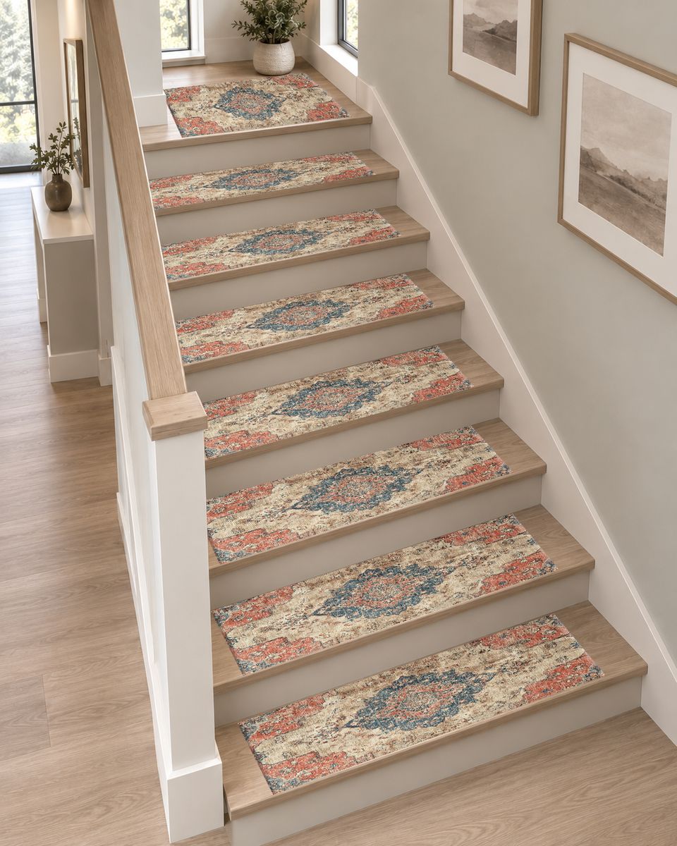 Faded Pink and Blue Vintage Oushak non-slip stair mat