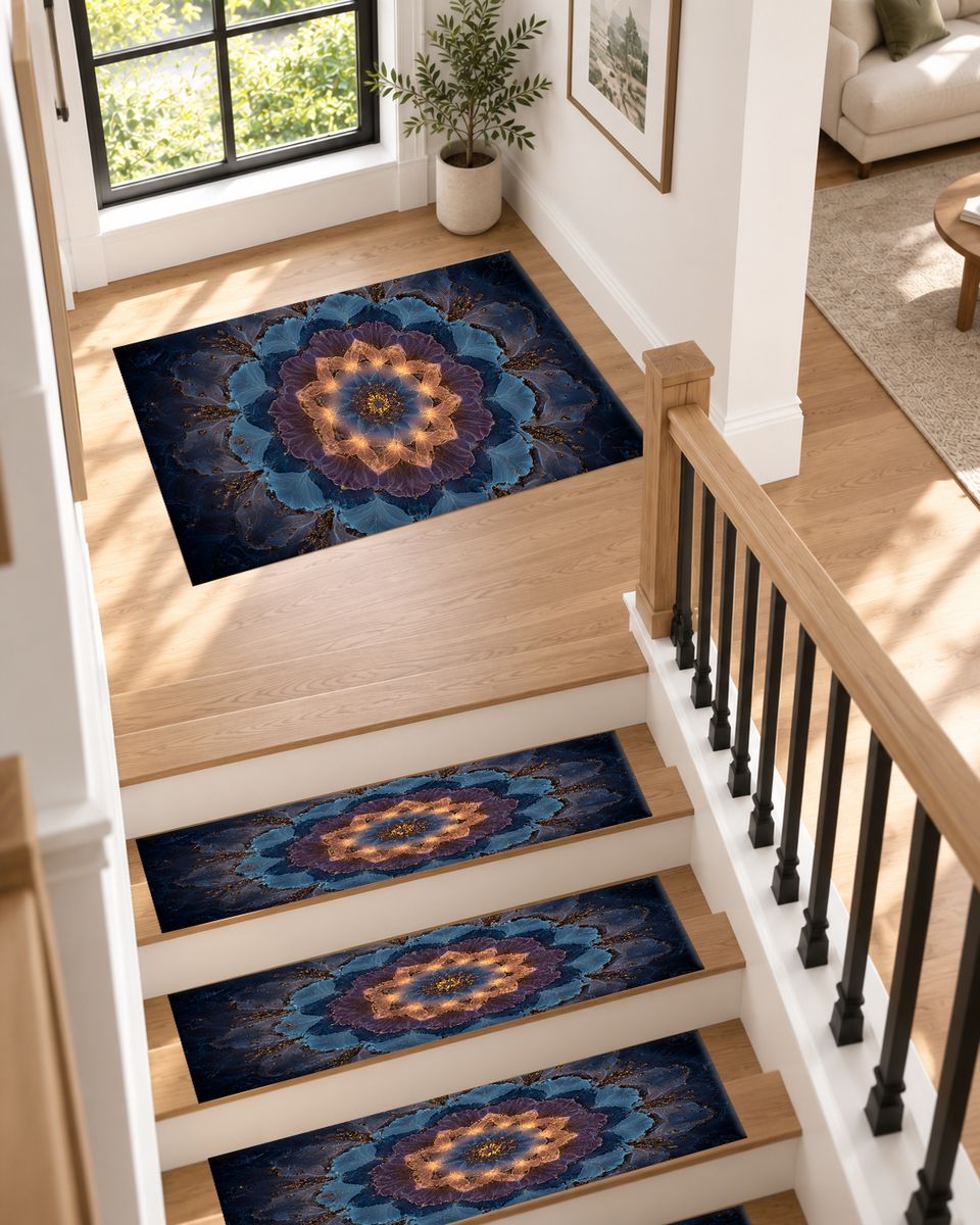 Blue Lotus Mandala Glow non-slip stair mat