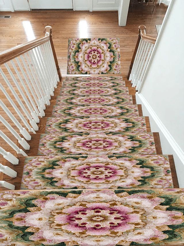 Pink and Sage Floral Mandala non-slip stair mat