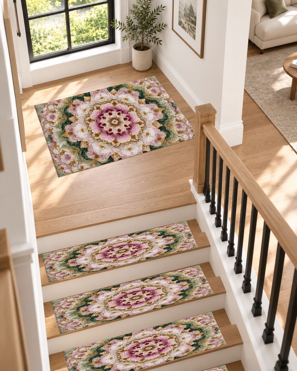 Pink and Sage Floral Mandala non-slip stair mat