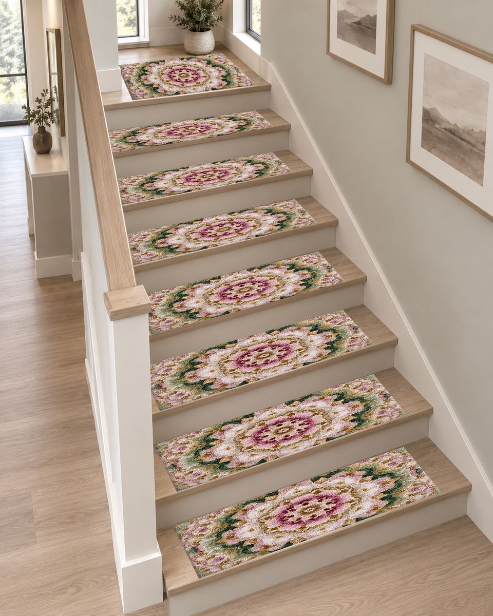 Pink and Sage Floral Mandala non-slip stair mat
