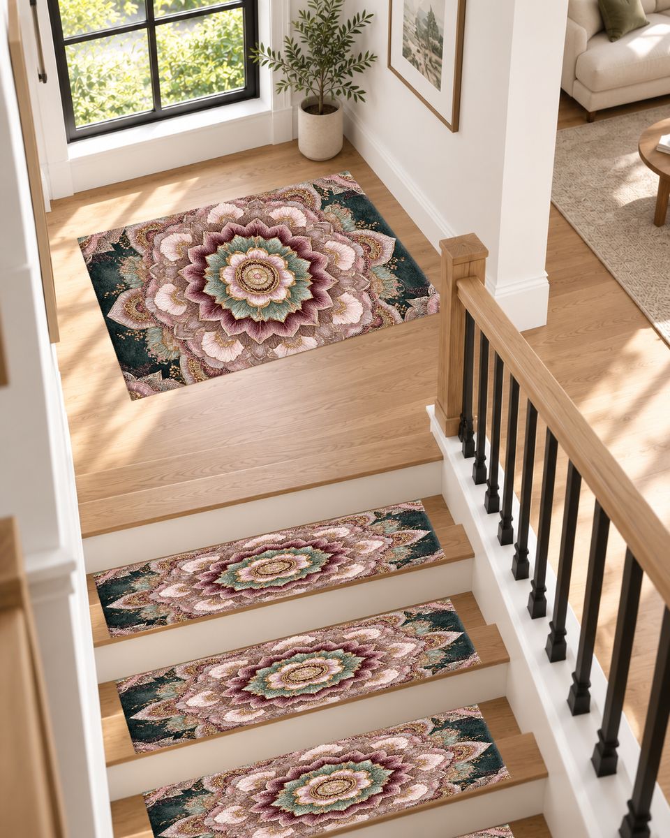Blush Pink Lotus Mandala non-slip stair mat